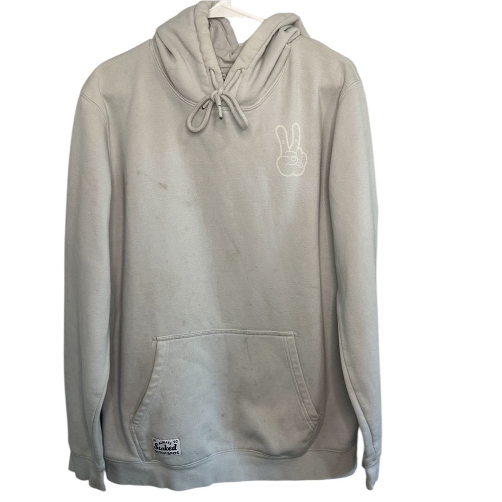 Dutch Bros LARGE Oatmeal/Gray Hoodie Peace Sign “Always Stoked” DB 1992 *Stains